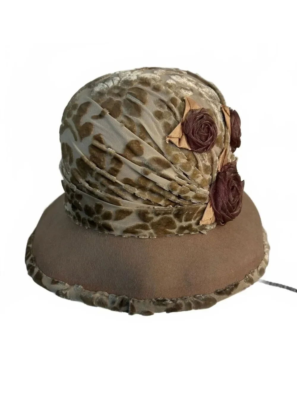 Vintage Julianne Walters LTD Floral Wide Brim Hat Beige Burnout Velvet Derby